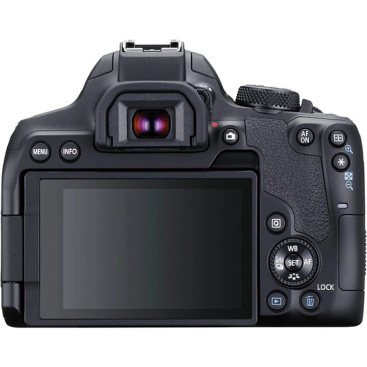 تصویر نمایشگر لمسی چرخان Canon EOS 850D با دکمه‌های کنترلی و چرخ تنظیم دوگانه برای تغییر سریع تنظیمات عکاسی