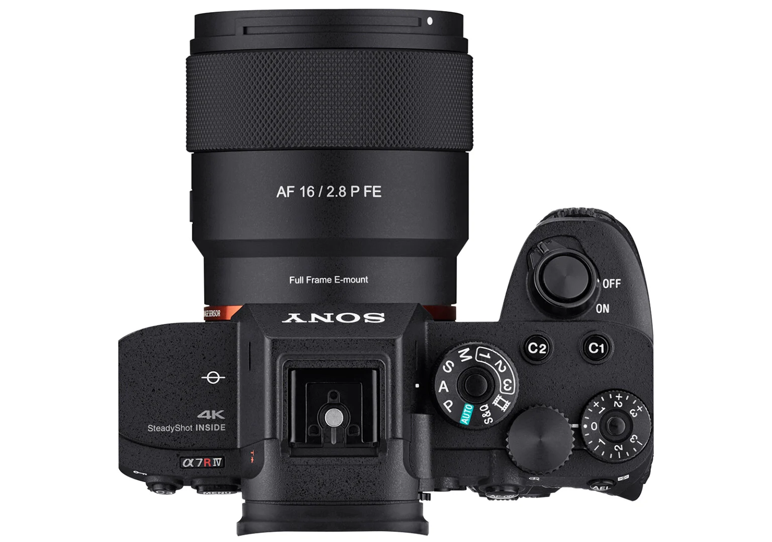 نمای بالا از لنز Samyang AF 16mm f/2.8 P FE نصب‌شده روی دوربین Sony با برچسب 4K و SteadyShot