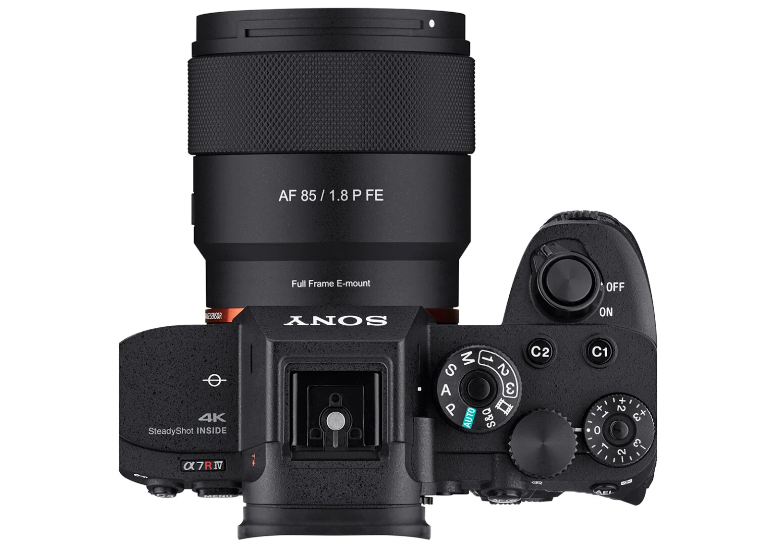 - نمای بالا از لنز Samyang AF 85mm f/1.8 P FE نصب‌شده روی دوربین Sony با نمایش دکمه‌ها و منظره‌یاب