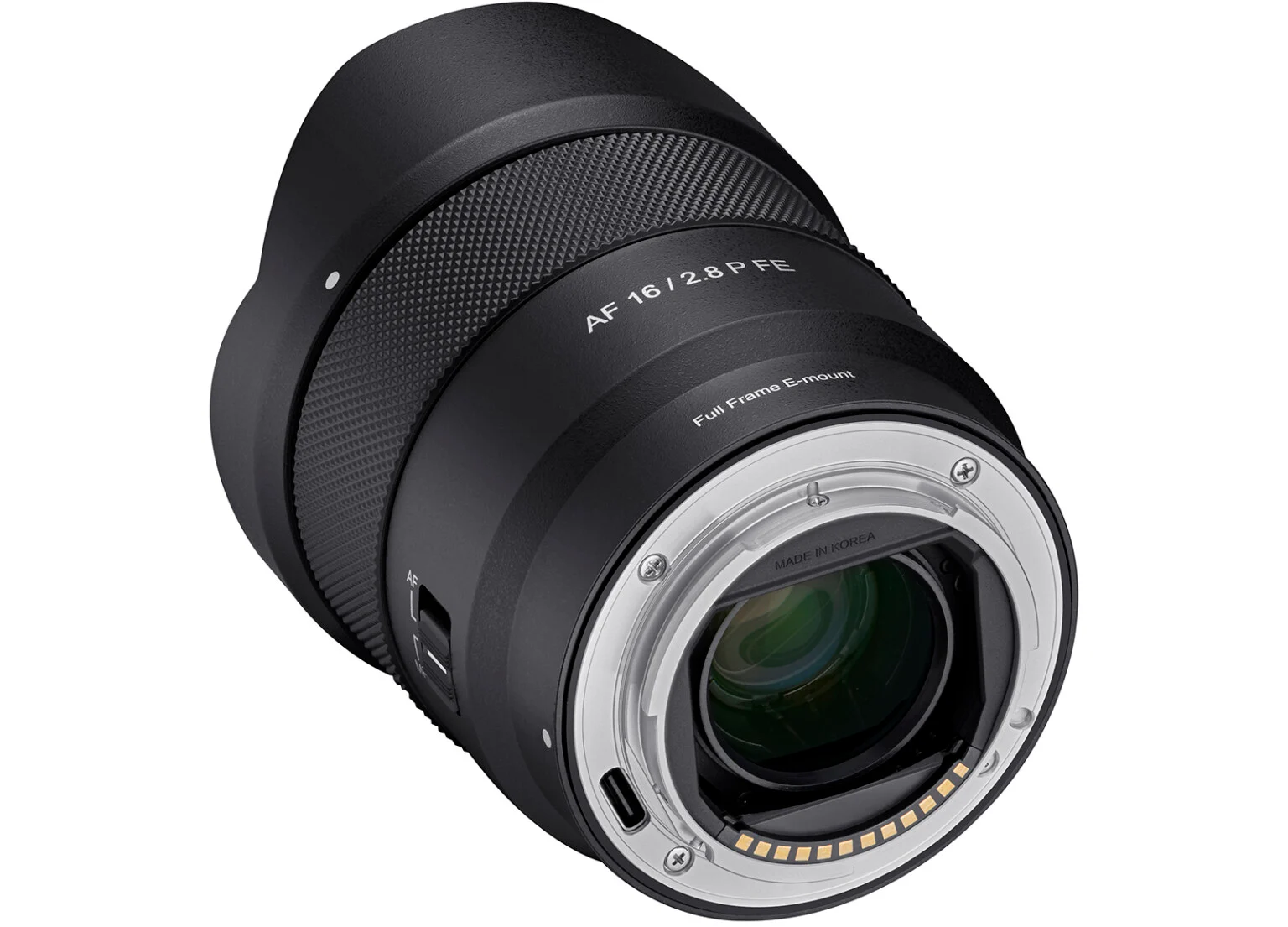 نمای پشت لنز Samyang AF 16mm f/2.8 P FE با سوئیچ فوکوس و پورت USB-C در مانت لنز