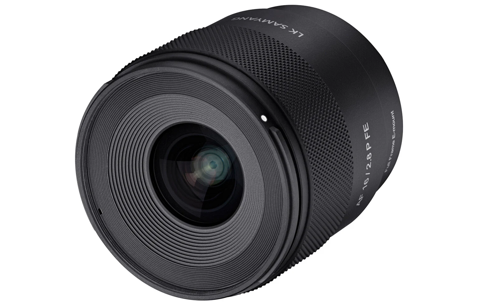 نمای جلو از لنز واید Samyang AF 16mm f/2.8 P FE با طراحی کامپکت و دهانه فیلتر ۶۲ میلی‌متری