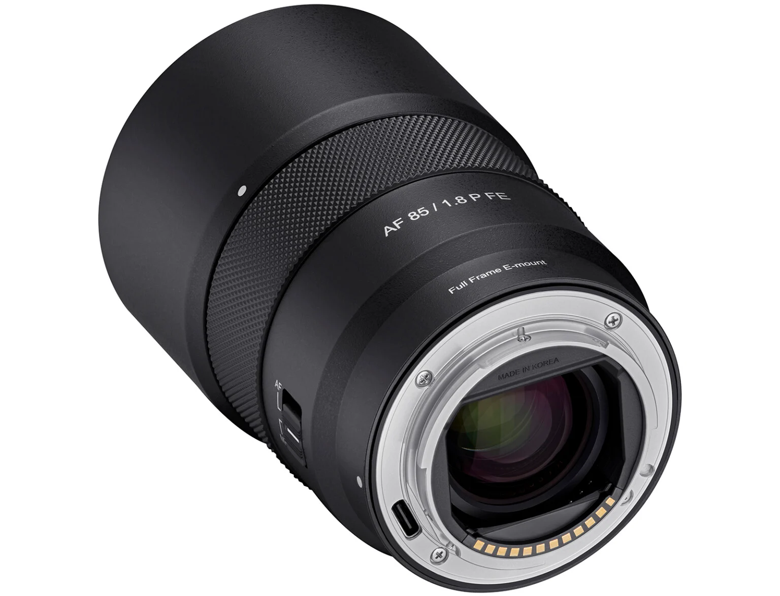 نمای پشت لنز پرتره Samyang AF 85mm f/1.8 P FE با کلید فوکوس AF/MF و درگاه USB-C