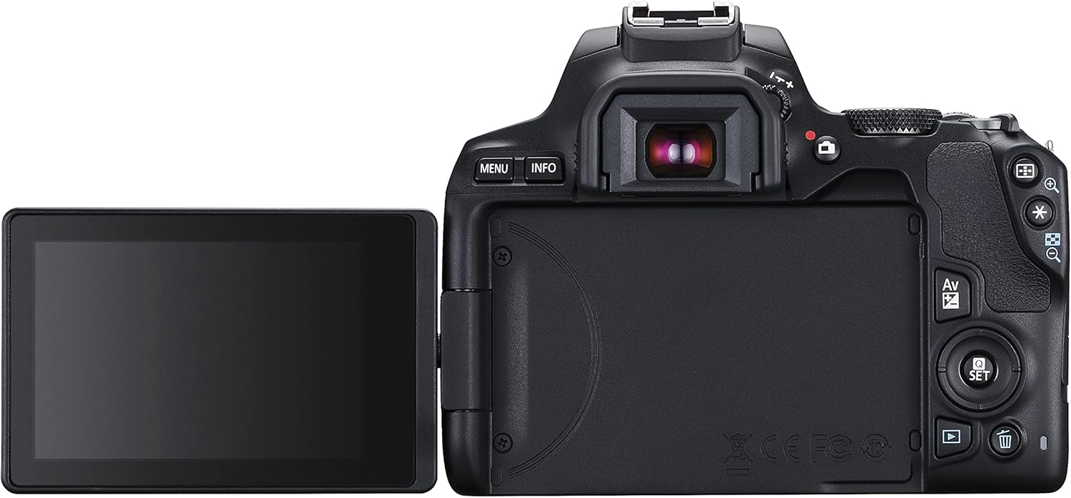 نمای پشت دوربین Canon EOS 250D با صفحه‌نمایش چرخان لمسی و منظره‌یاب اپتیکال، مناسب برای ولاگ و عکاسی خلاقانه