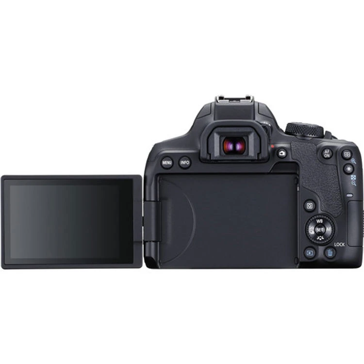 تصویر نمایشگر لمسی متحرک Canon EOS 850D با دکمه‌های کنترلی و چرخ تنظیم دوگانه برای تغییر سریع تنظیمات عکاسی