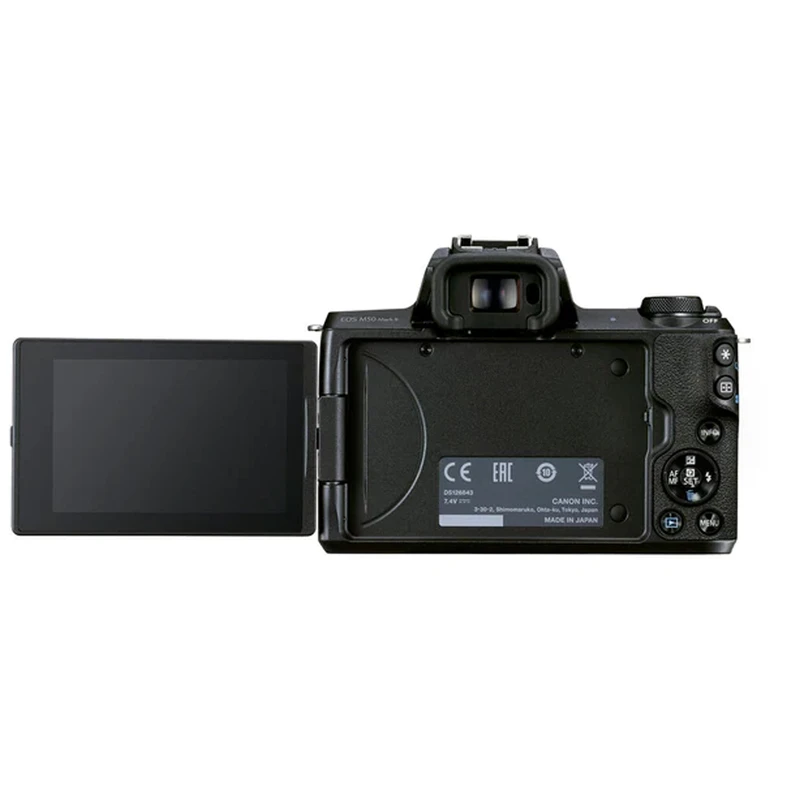 نمای پشت دوربین Canon EOS M50 Mark II با صفحه‌نمایش چرخان لمسی و منظره‌یاب الکترونیکی