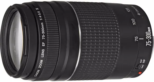 تصویر جانبی لنز Canon 75-300 III با نمایش کامل حلقه زوم و فوکوس، مناسب برای عکاسی طبیعت و ورزشی