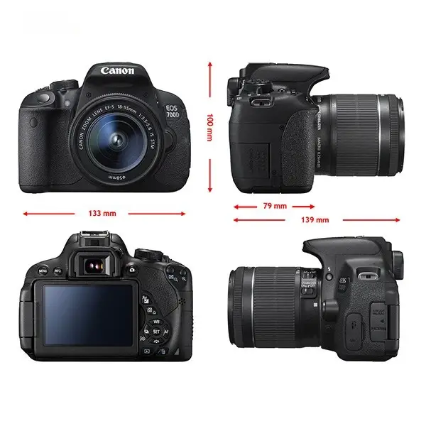 شماتیک ابعاد Canon EOS 700D با جزئیات اندازه‌گیری طول، عرض و ارتفاع بدنه DSLR در نمای فنی