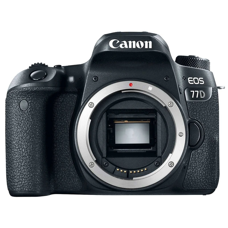 نمای جلویی دوربین Canon EOS 77D بادی بدون لنز؛ طراحی کلاسیک DSLR با مانت EF و سنسور APS-C